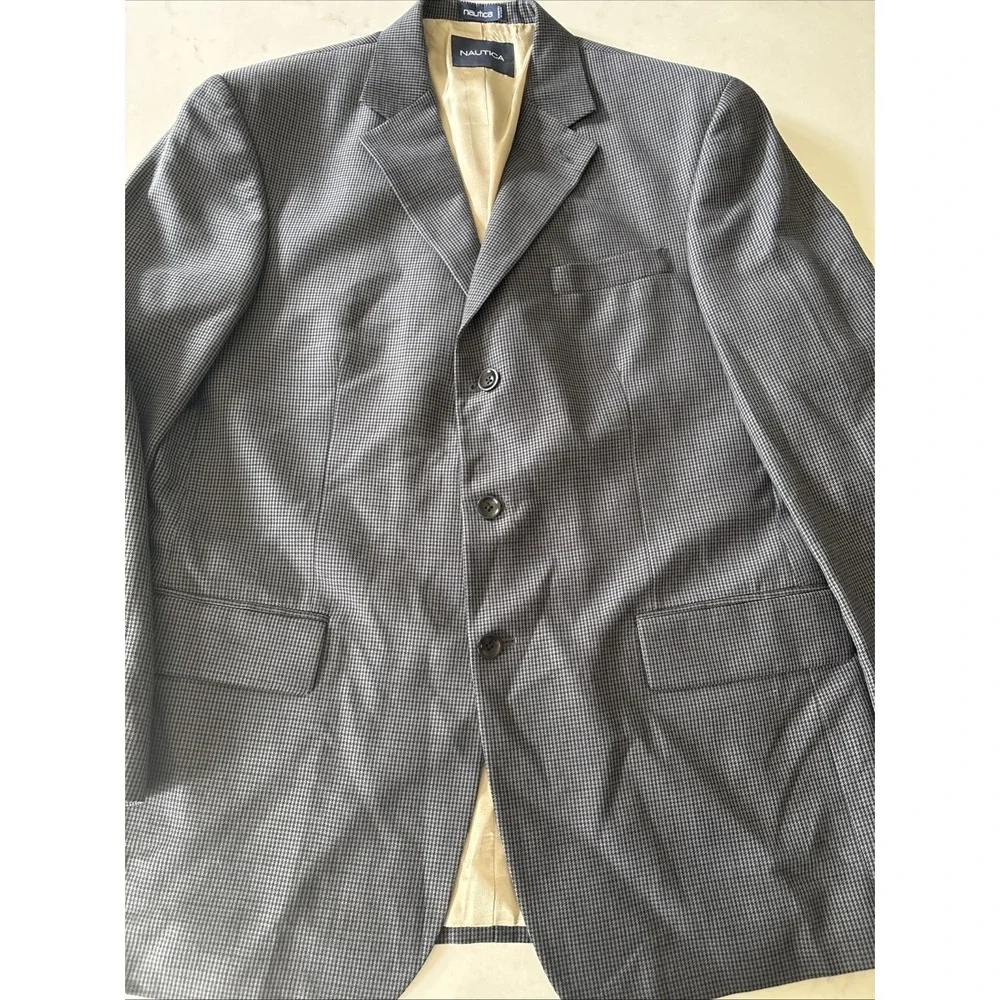 Nautica Mens Gray Houndstooth Wool Blazer Suit Jacket 43R Sport‎ Coat 3 Button